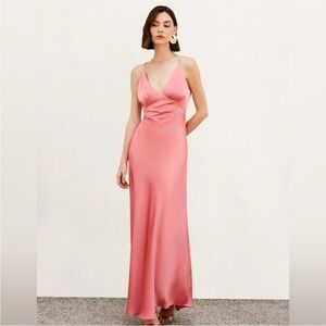 Commense Pleated Backless Satin Cami Maxi Dress Pink XS NWT